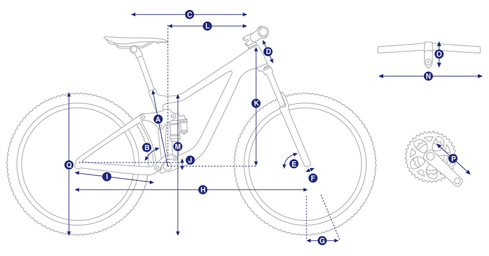 diagram bicykla s mierami uvedenými v nasledujúcej tabuľke