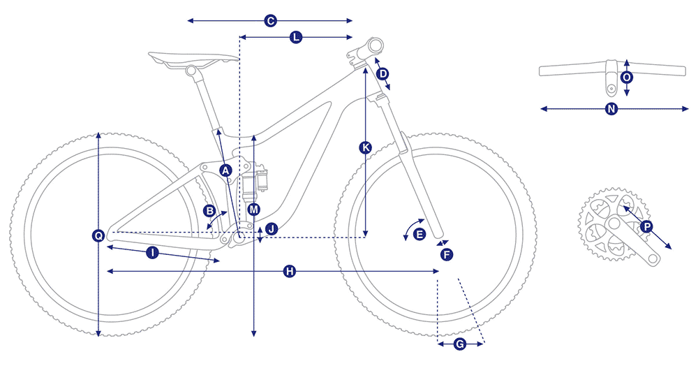 diagrama de bicicleta con las medidas referenciadas en la tabla a continuación