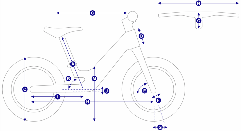bike diagram with measurements referenced in table that follows